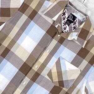 VTG Gotcha Camp Shirt Mens M Brown Blue Plaid Preppy Skate Surf Grunge Indie Y2K
